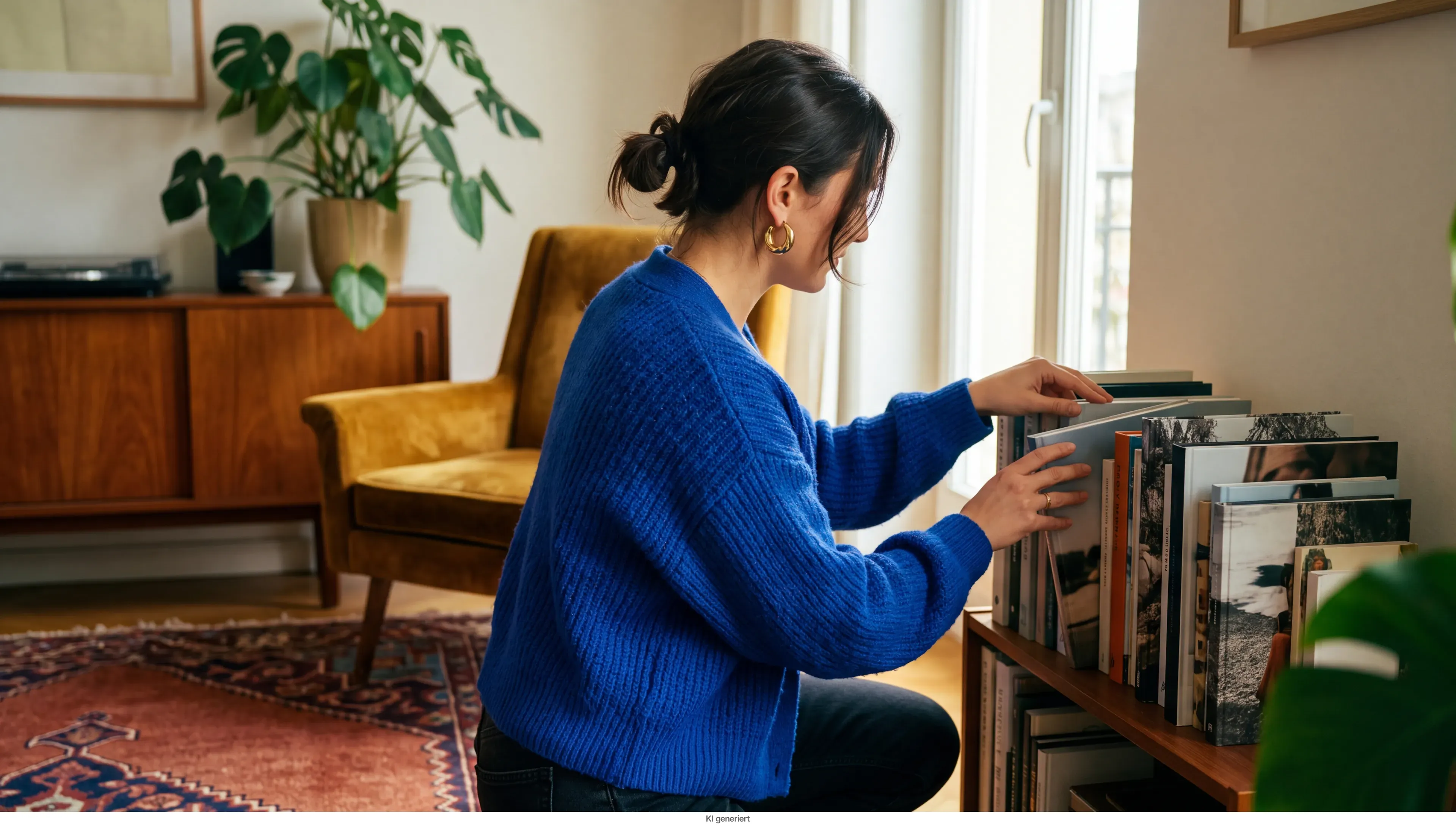 Eine Frau stellt Bücher in ein Regal in ihrem stilvoll eingerichteten Wohnzimmer.