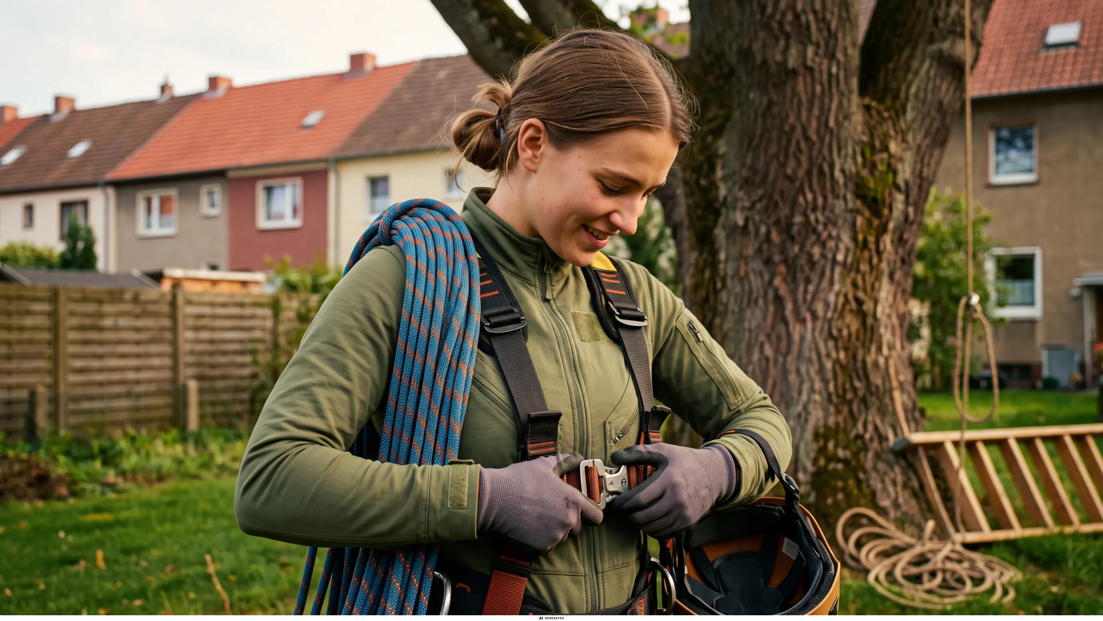 Eine Baumkletterin sichert ihren Klettergurt, bevor sie auf einen Baum steigt.
