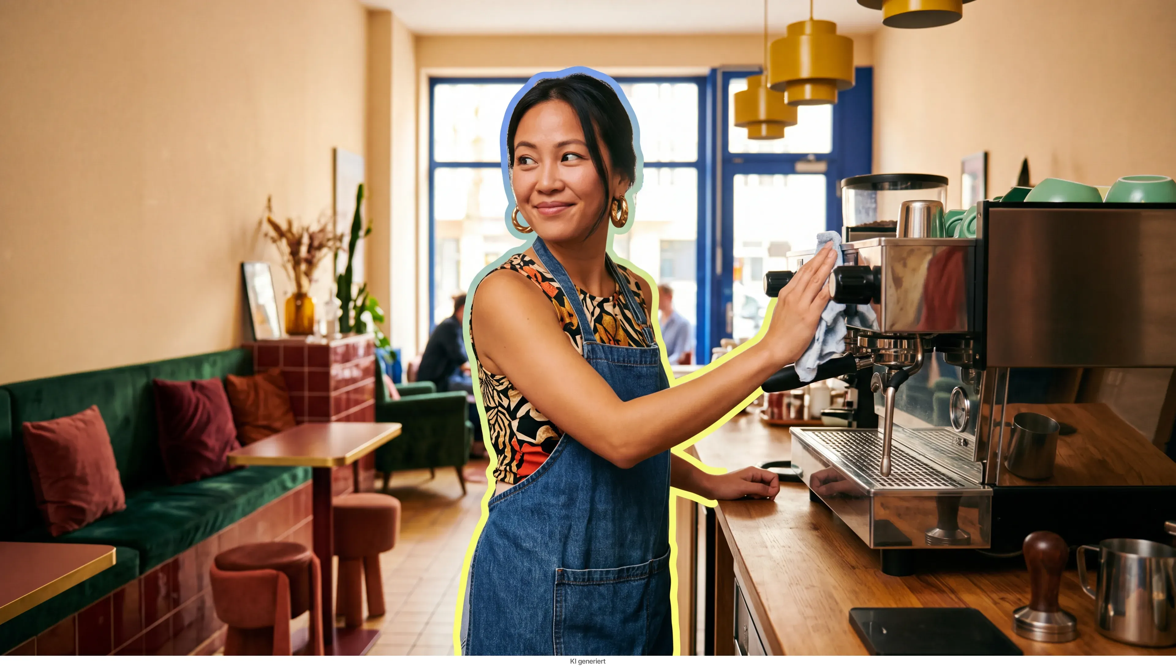 Eine Frau reinigt eine Espressomaschine in ihrem Café.