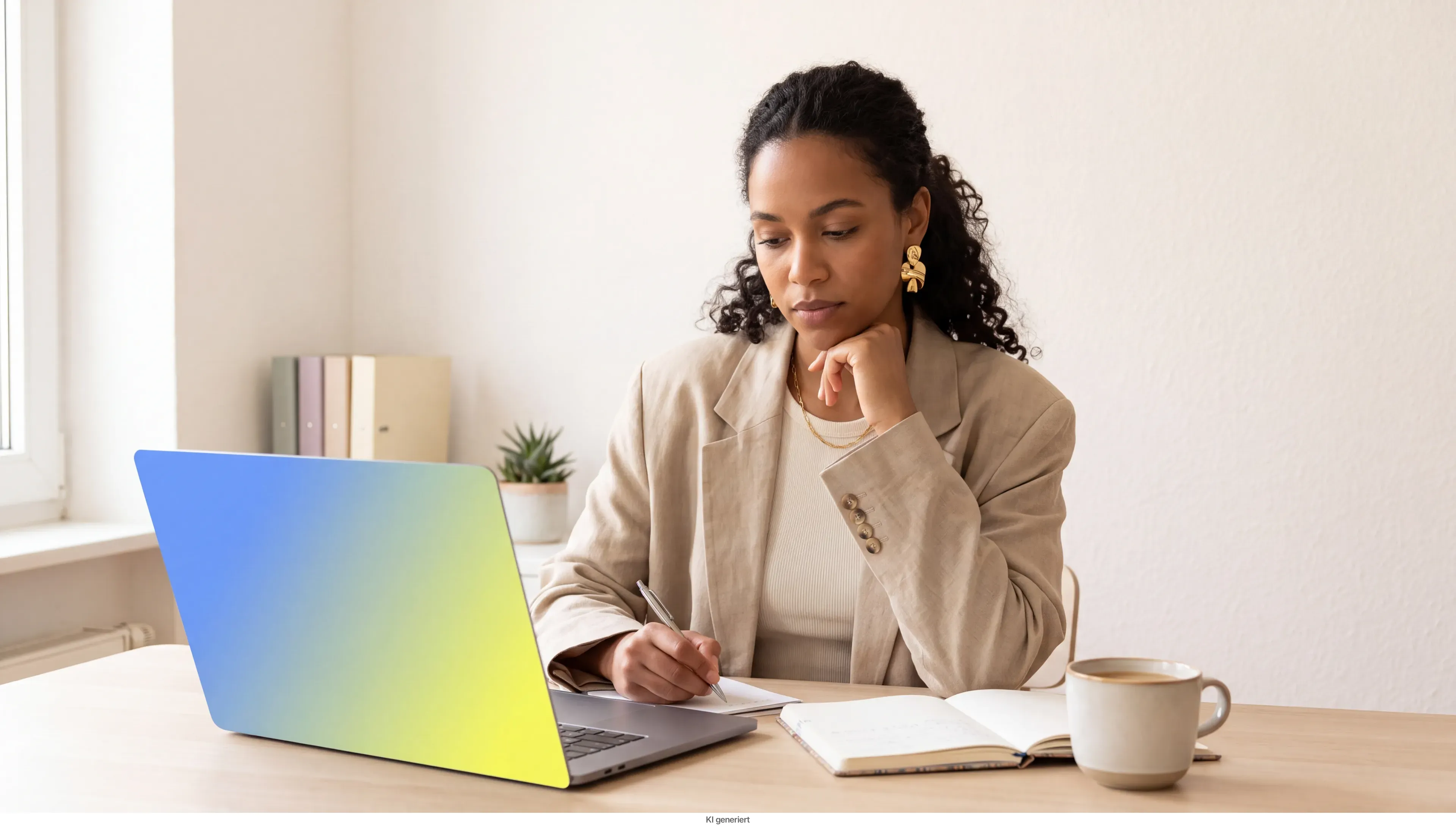 Eine Frau sitzt mit Laptop und Notizbuch am Schreibtisch.