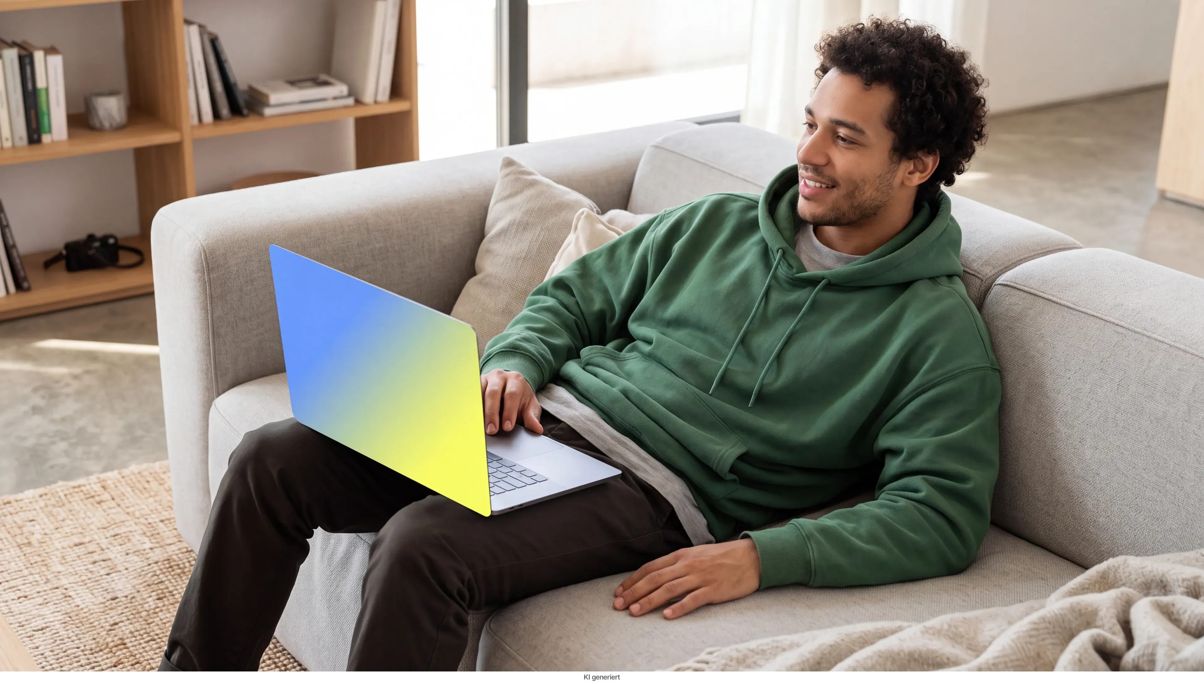 Ein Mann liegt nachdenklich mit Laptop auf dem Sofa.