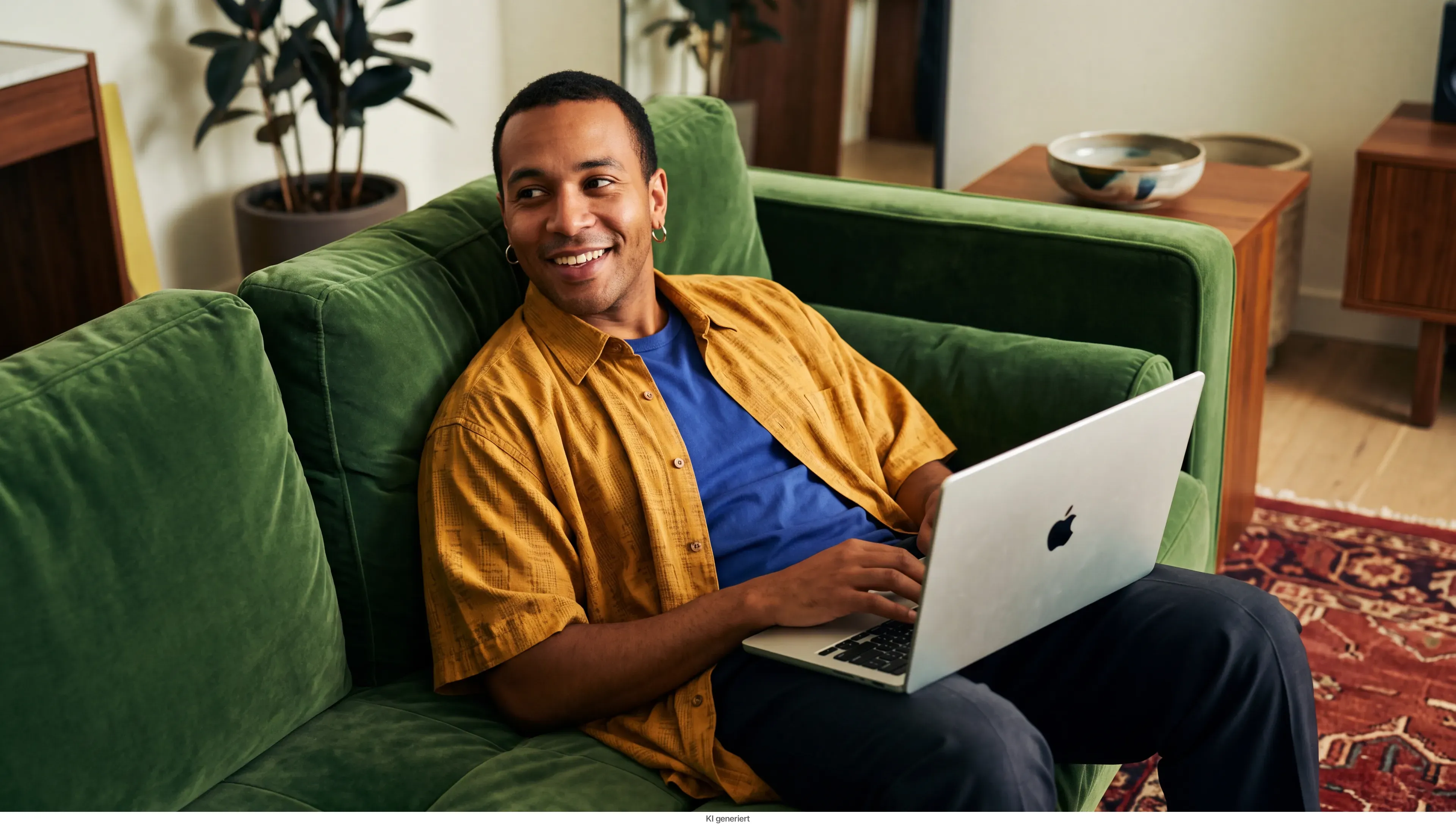 Ein Mann liegt nachdenklich mit Laptop auf dem Sofa.