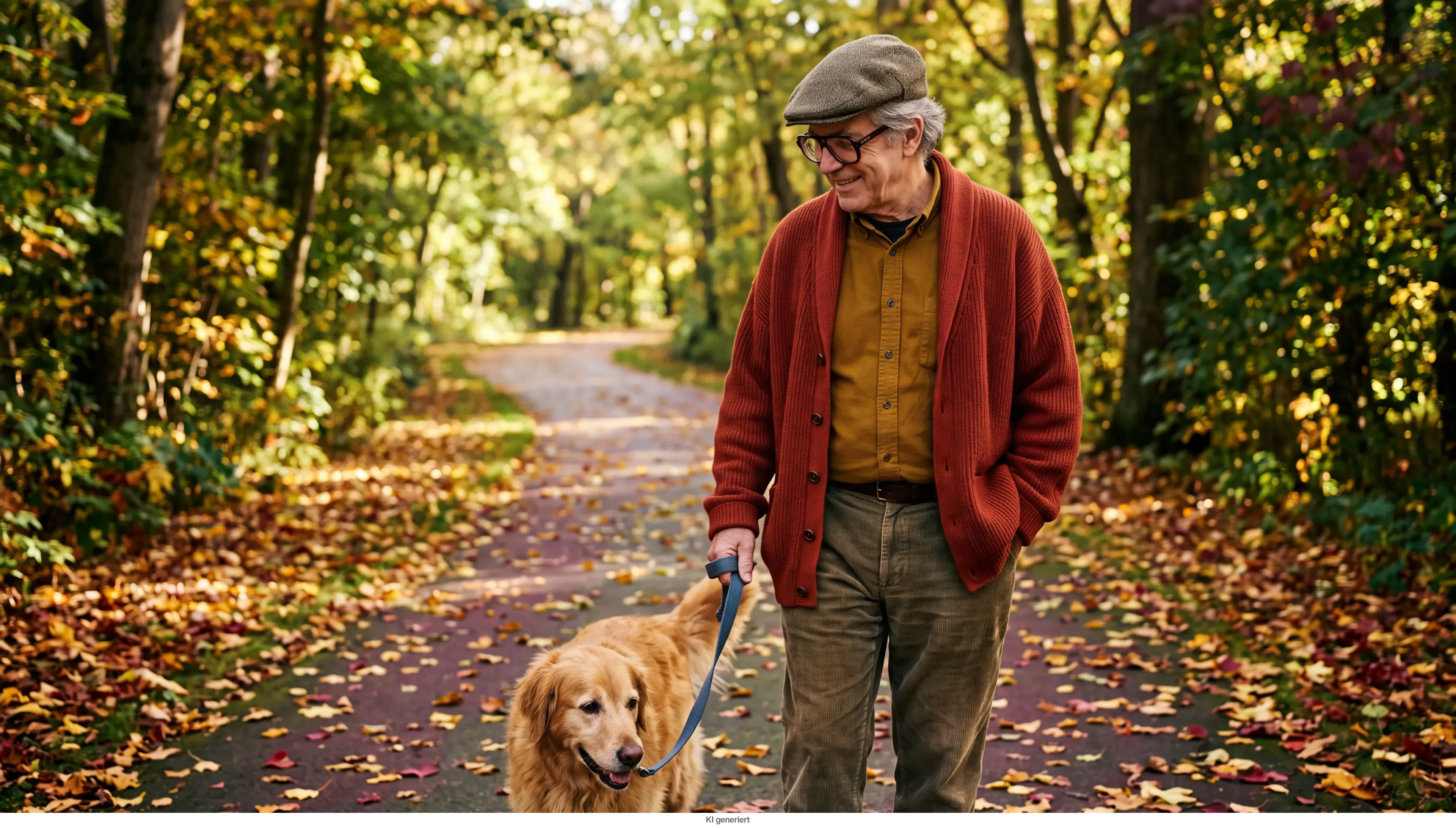 Ein älterer Mann geht mit seinem Hund im Park.
