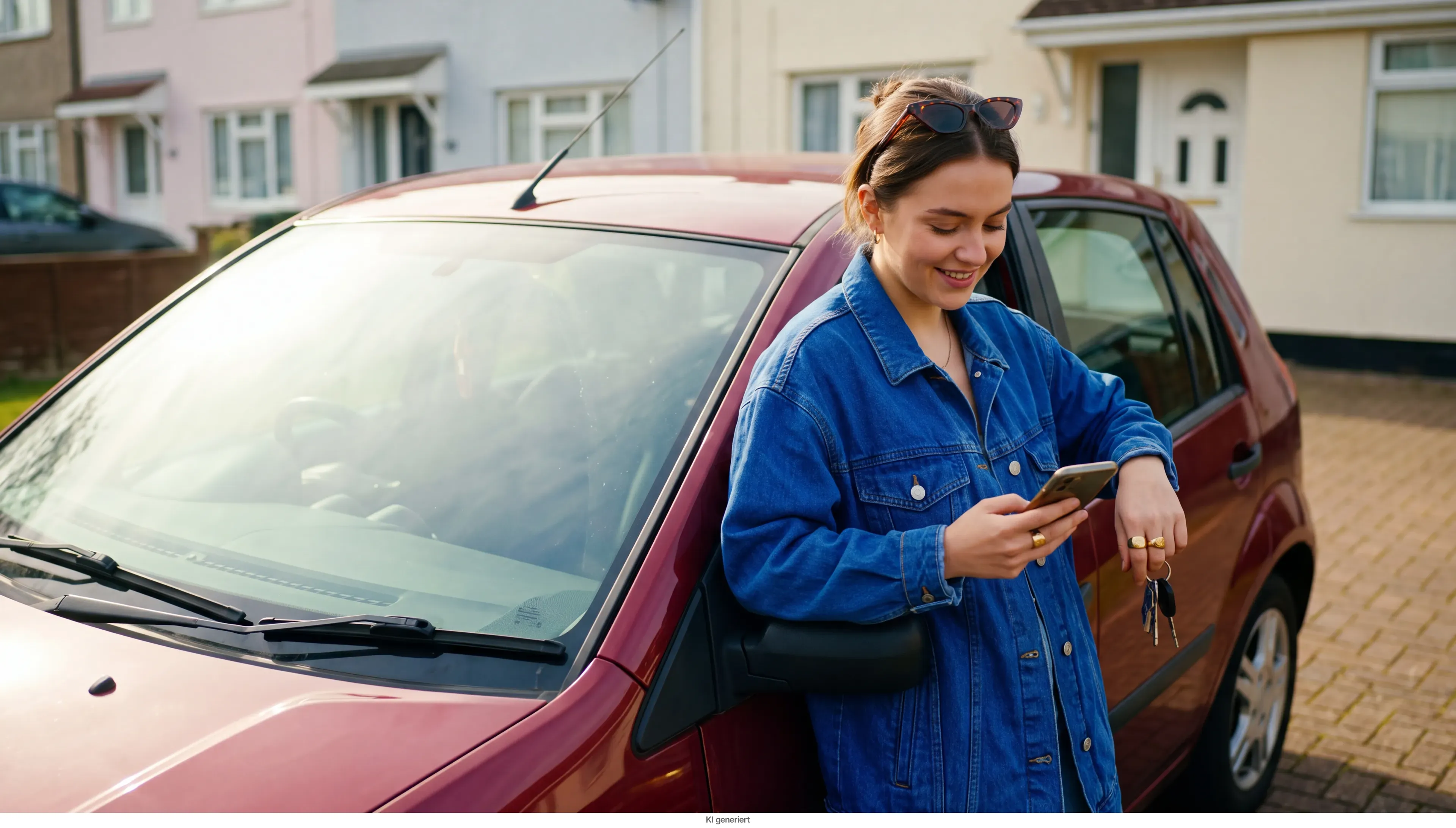 Eine Frau steht neben ihrem Auto und schaut auf ihr Smartphone.
