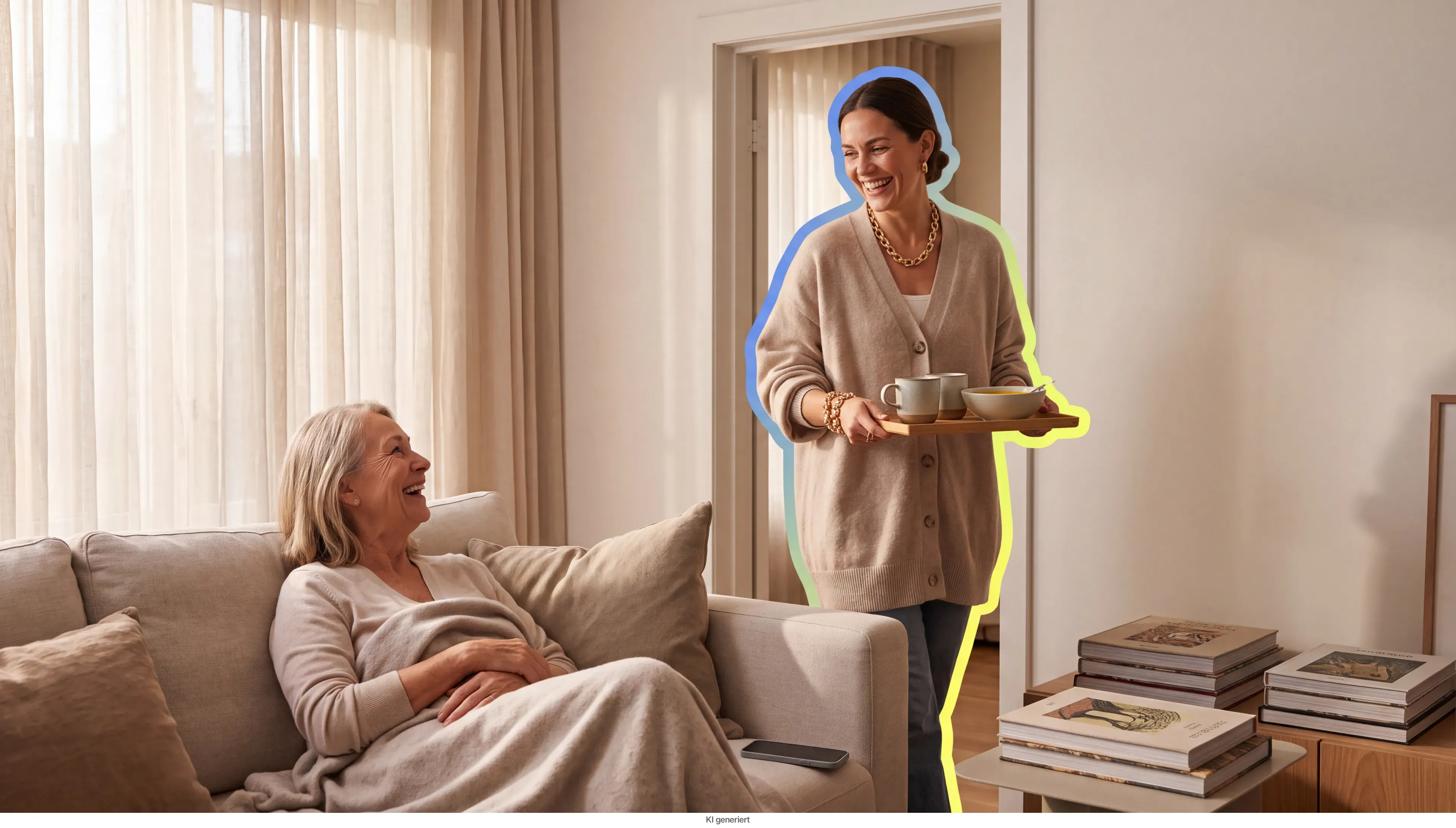 Eine Frau bringt einer Angehörigen Tee ans Sofa.
