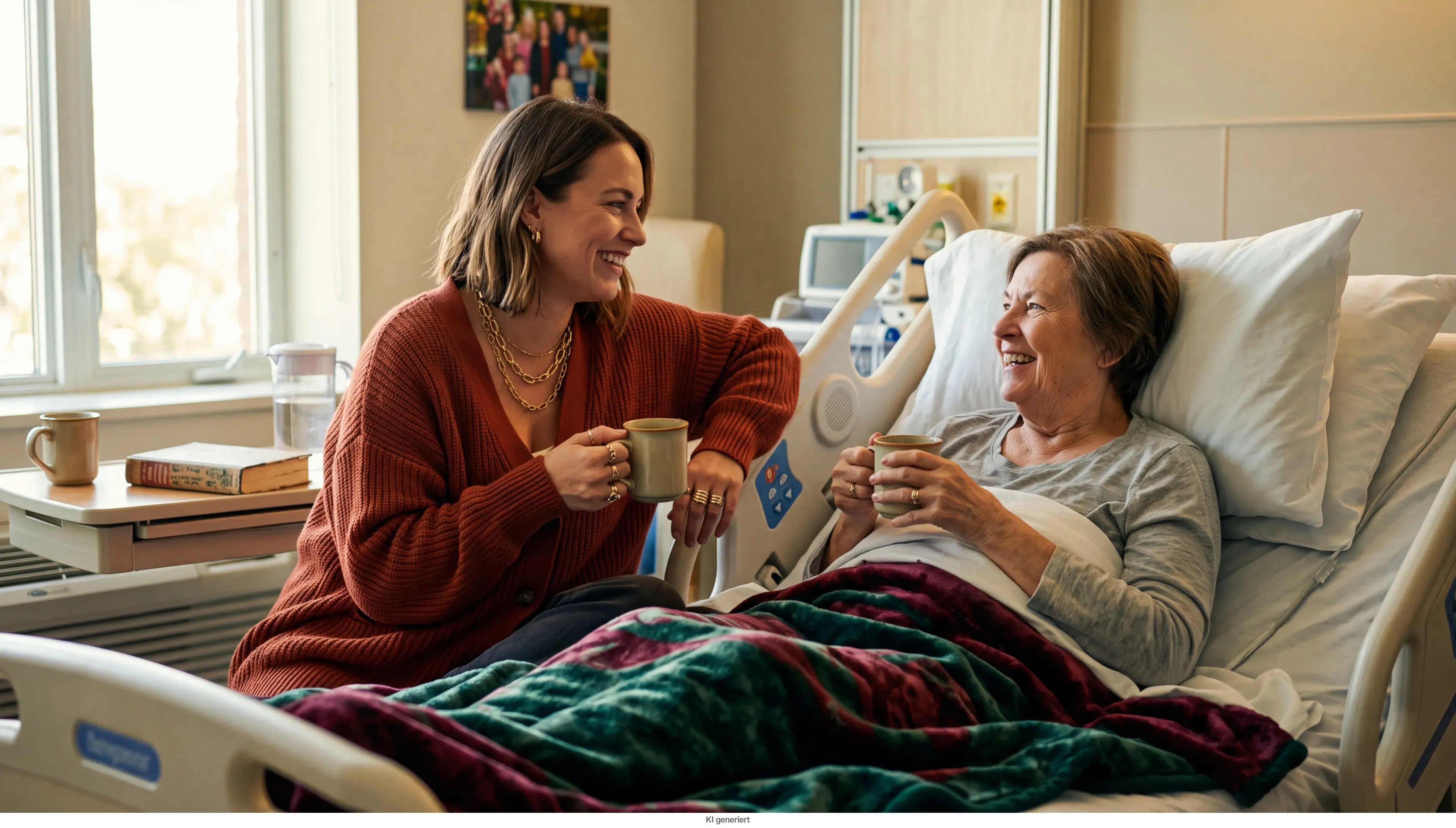 Eine Frau bringt einer Angehörigen Tee ans Krankenhausbett.