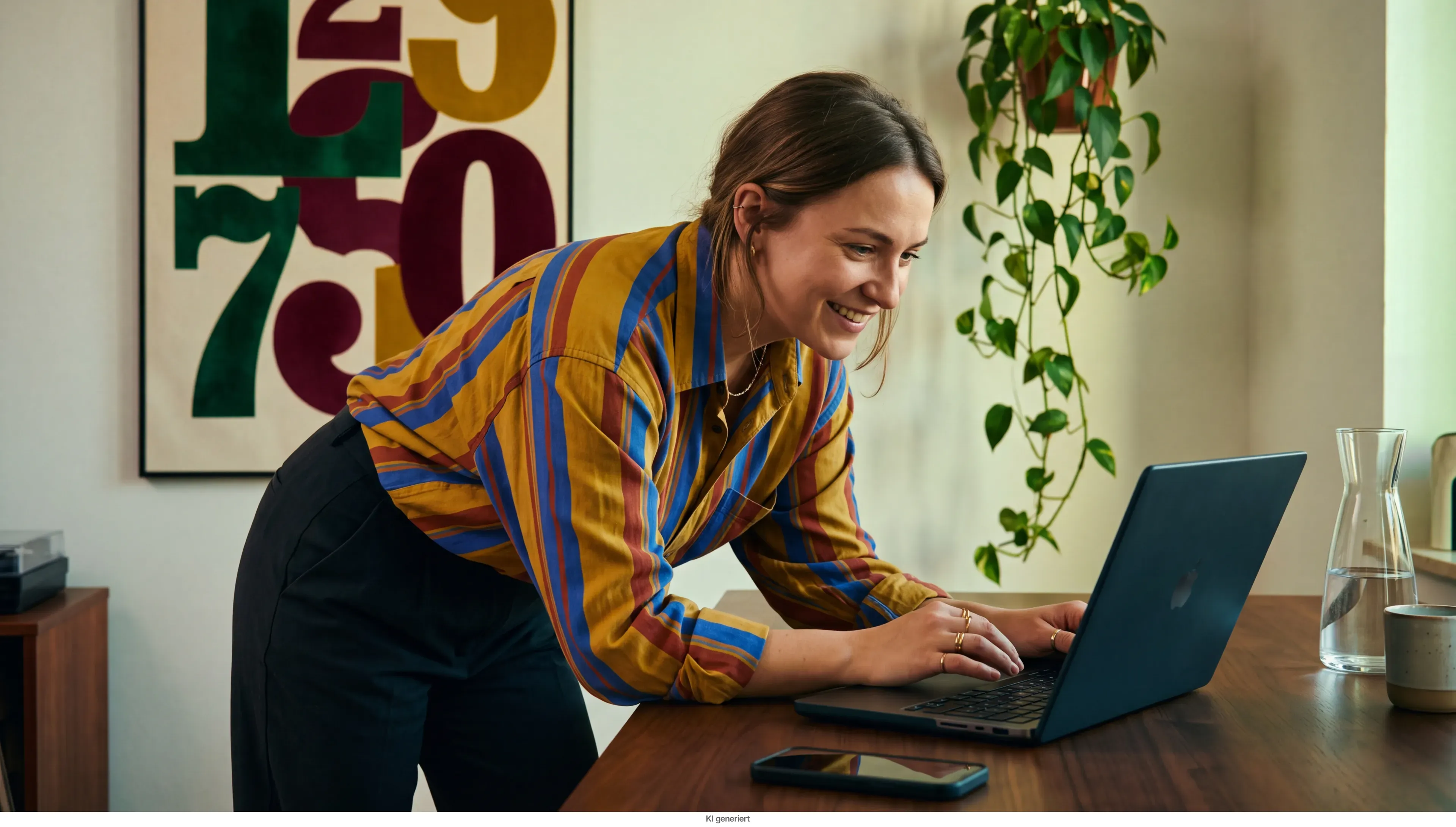 Eine Frau lehnt sich lächelnd über ihren Laptop am Schreibtisch.