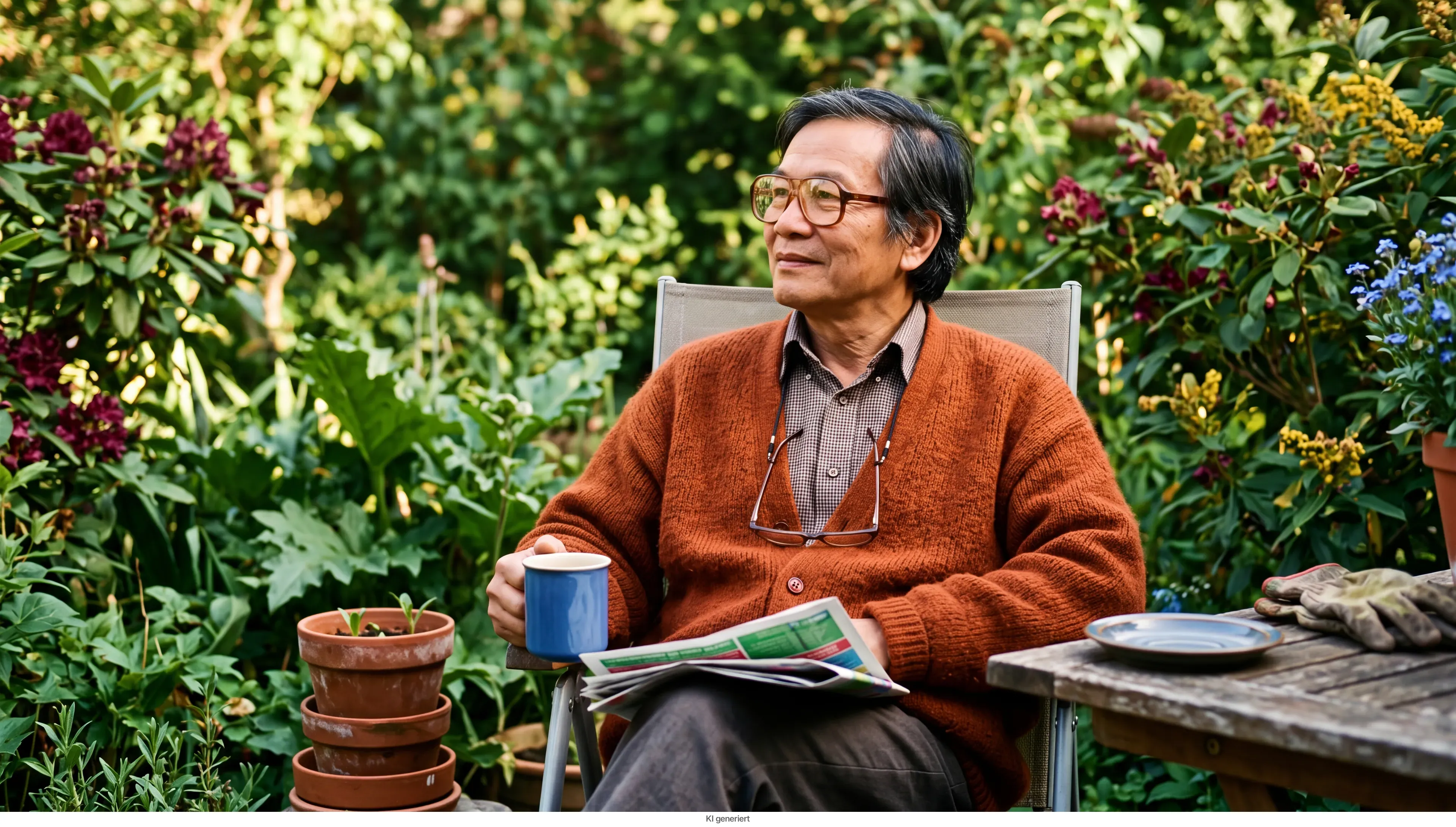 Ein älterer Mann sitzt mit Kaffee im Garten.