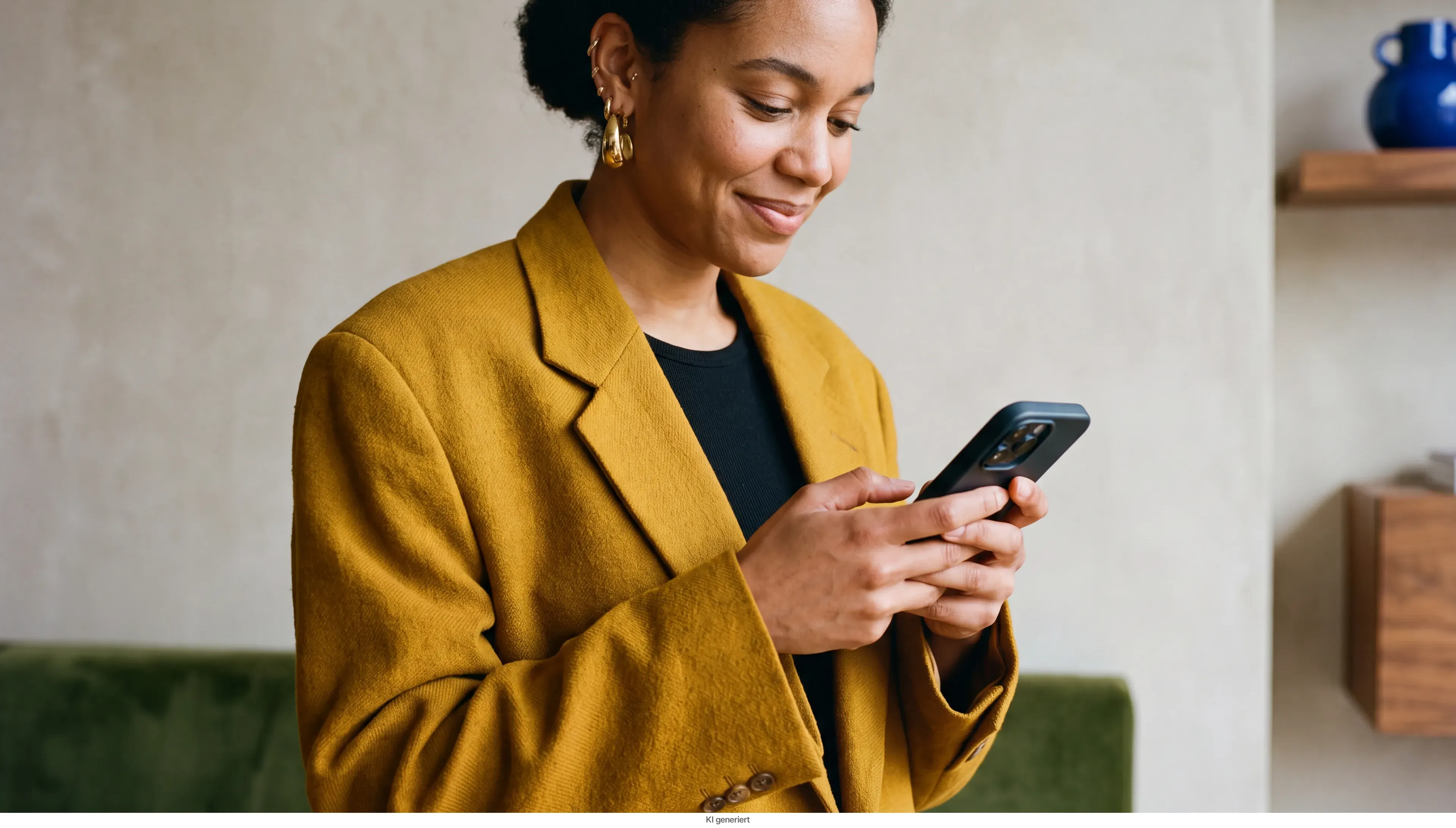Nahaufnahme einer Frau, die mit beiden Händen auf ihr Smartphone tippt.