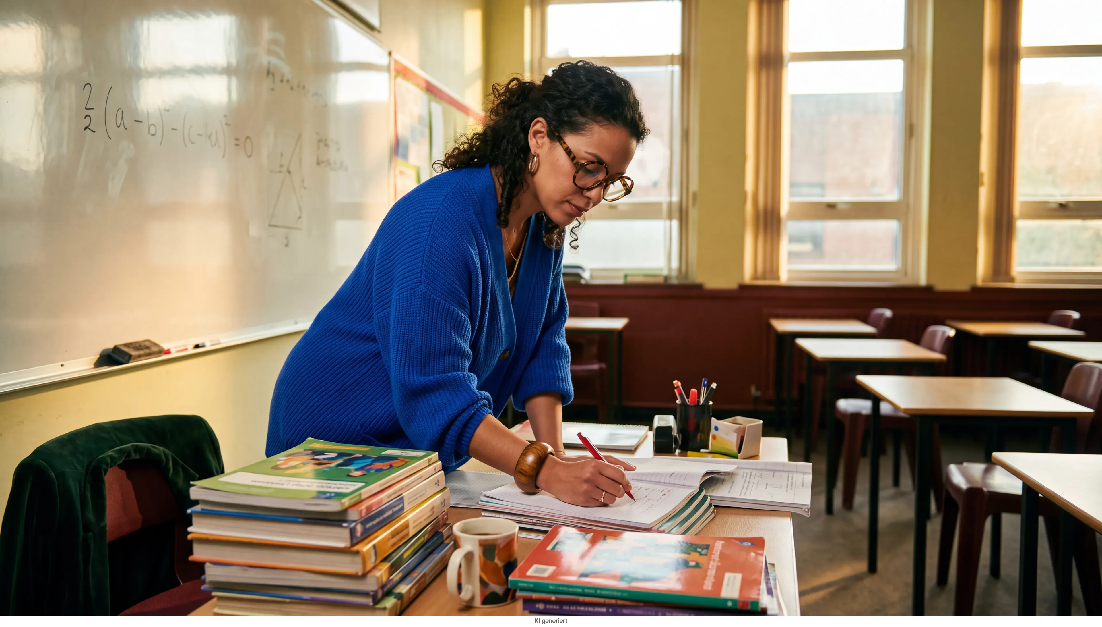 Eine Lehrerin korrigiert Hefte an ihrem Pult im leeren Klassenzimmer.